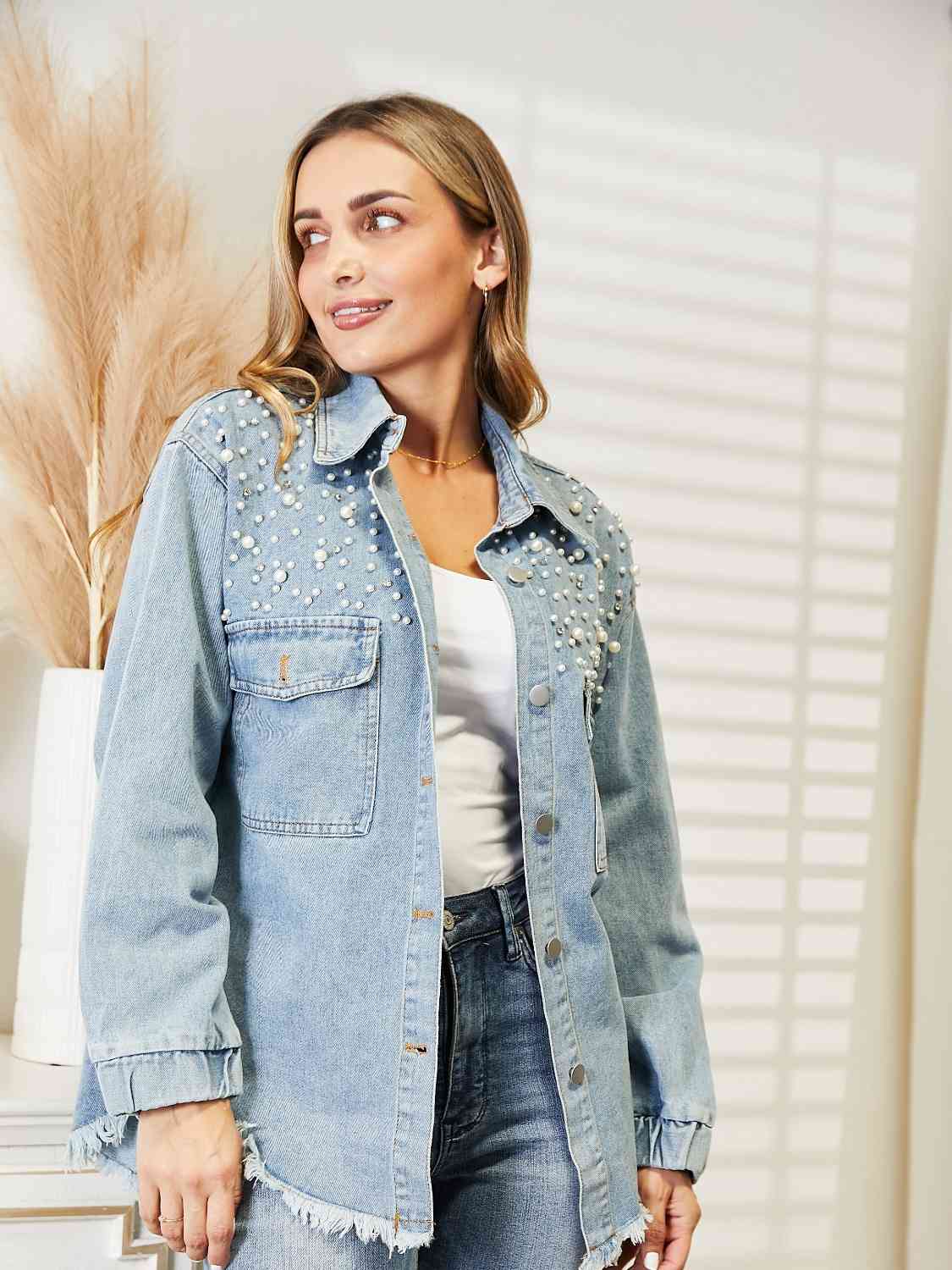 Collared Neck Raw Hem Dropped Shoulder Denim Jacket - Athleuse