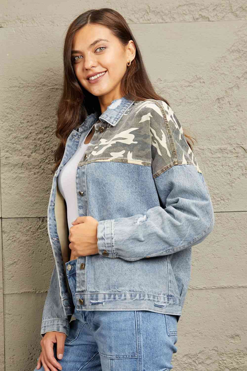 GeeGee Full Size Washed Denim Camo Contrast Jacket - Athleuse