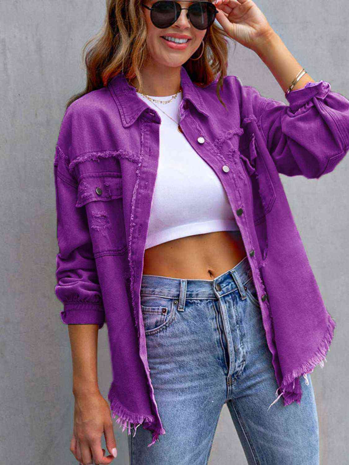 Distressed Drop Shoulder Denim Jacket - Athleuse