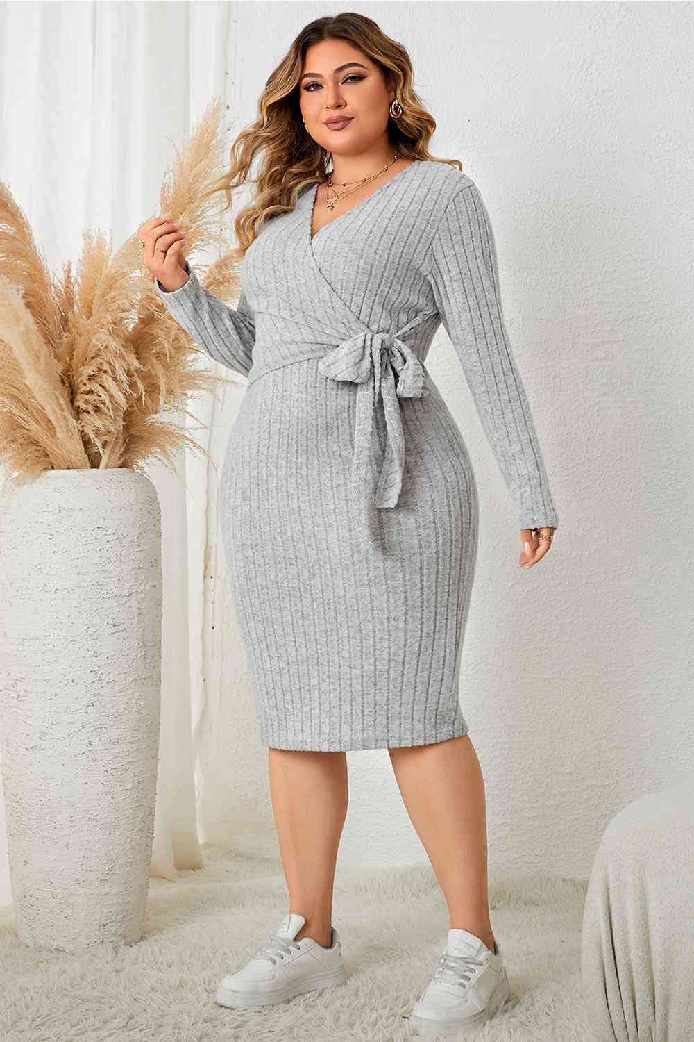 Plus Size Surplice Neck Long Sleeve Slit Dress - Athleuse