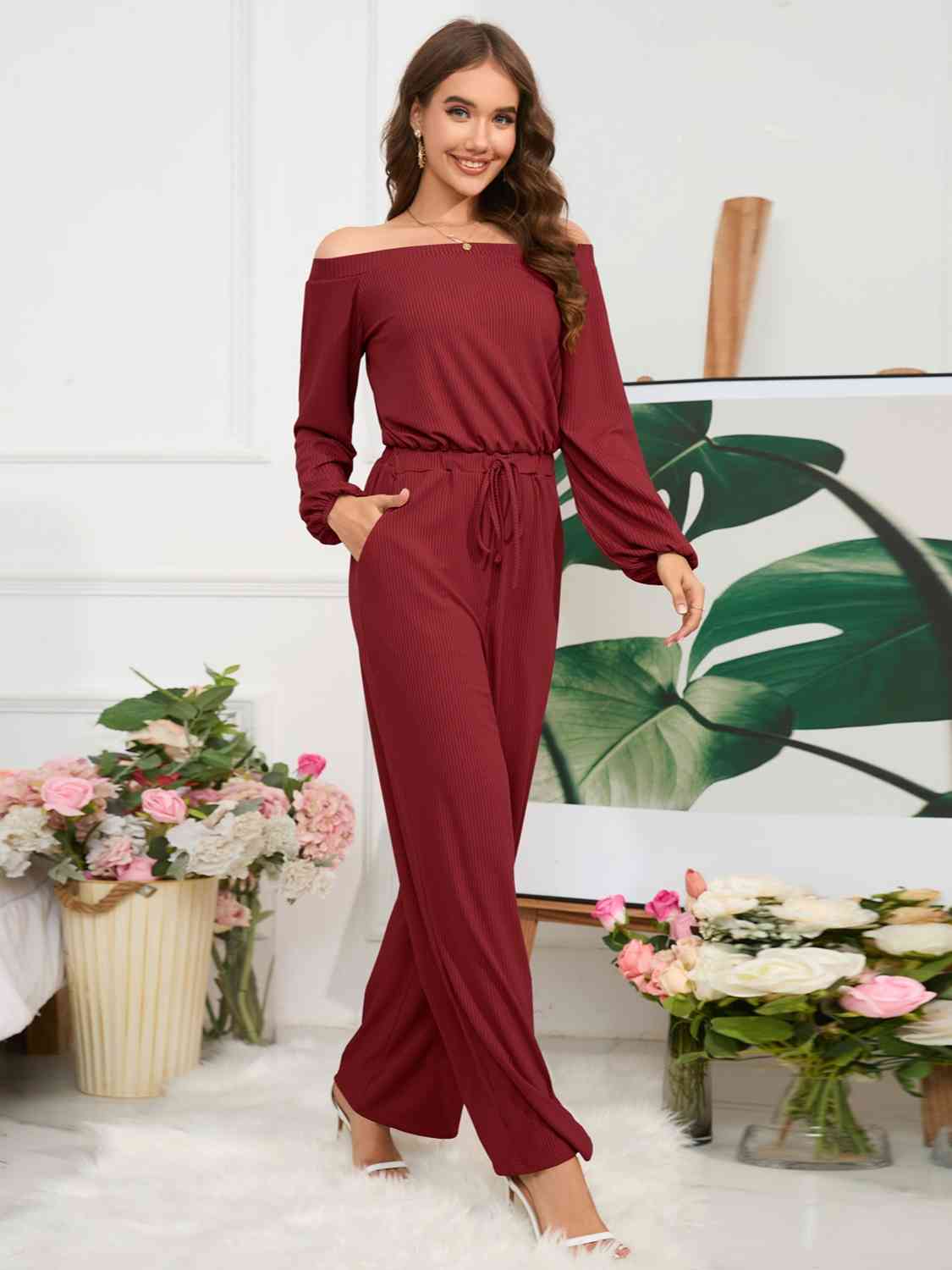 Off-Shoulder Straight Leg Jumpsuit - Athleuse