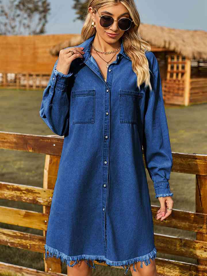 Raw Hem Collared Denim Dress - Athleuse