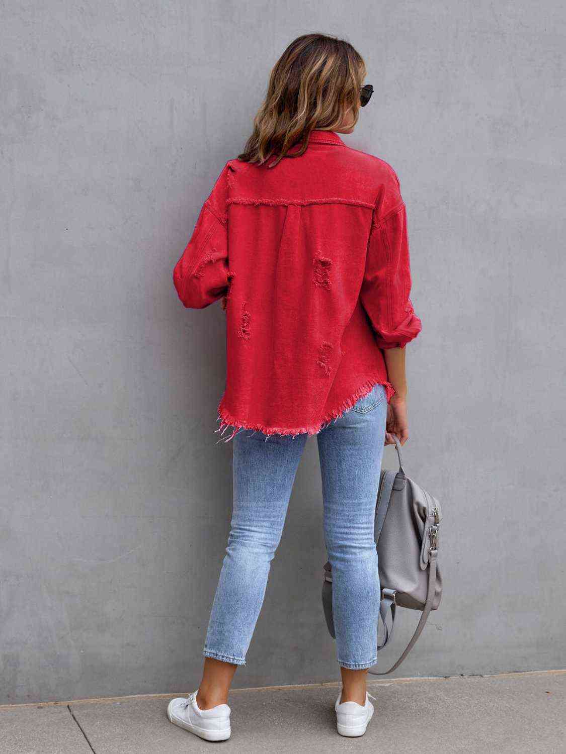 Distressed Drop Shoulder Denim Jacket - Athleuse