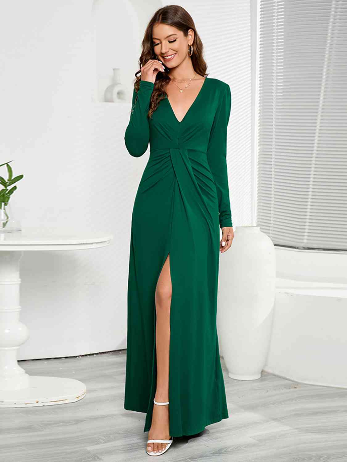 V-Neck Long Sleeve Split Dress - Athleuse