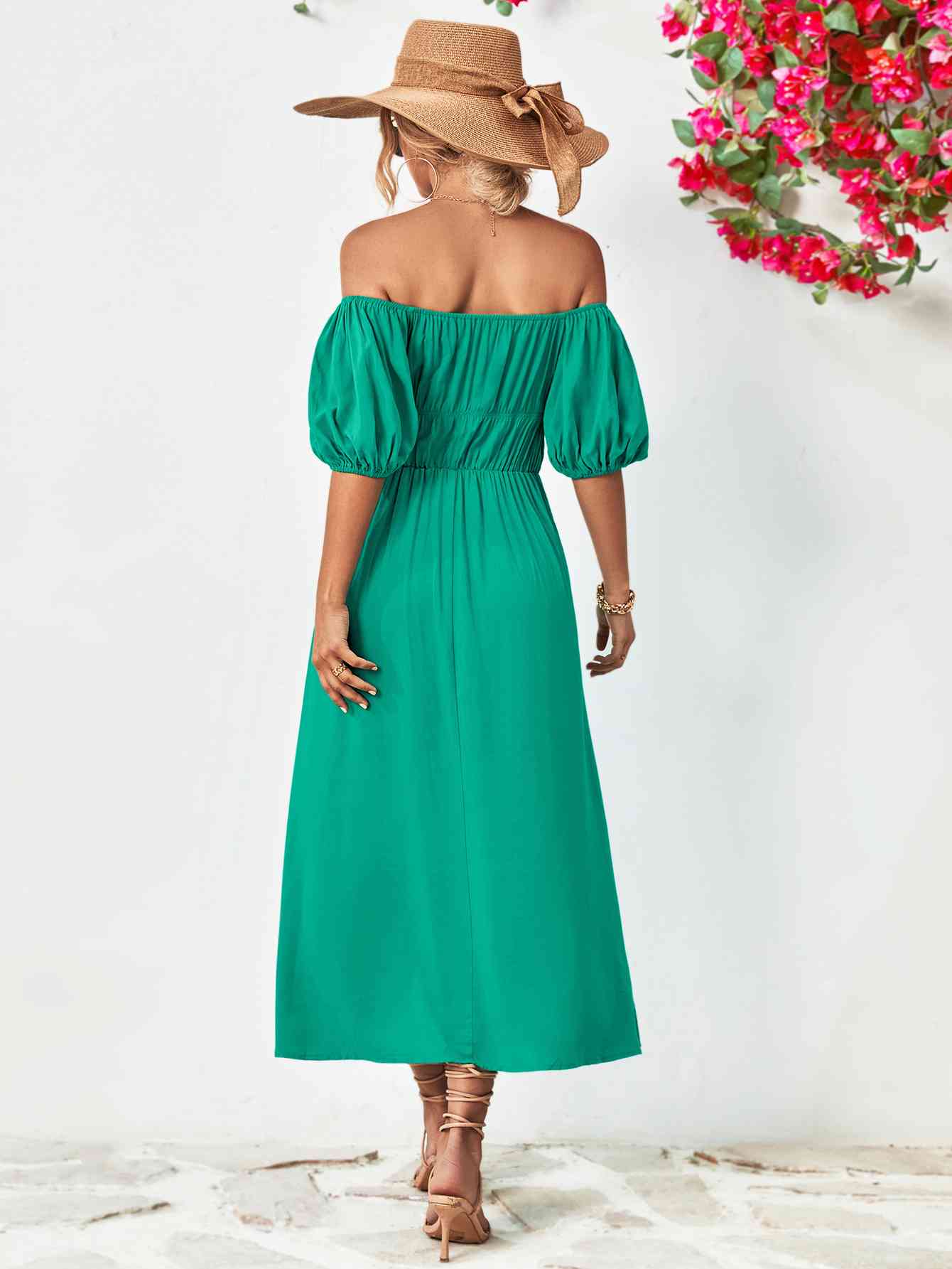 Off-Shoulder Balloon Sleeve Midi Dress - Athleuse