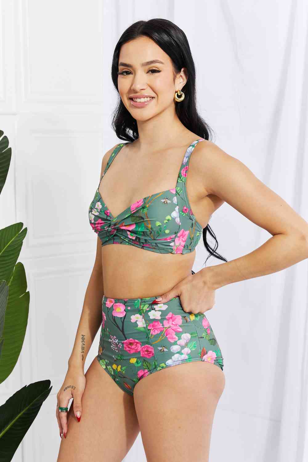 Marina West Swim Take A Dip Twist High-Rise Bikini in Sage - Athleuse