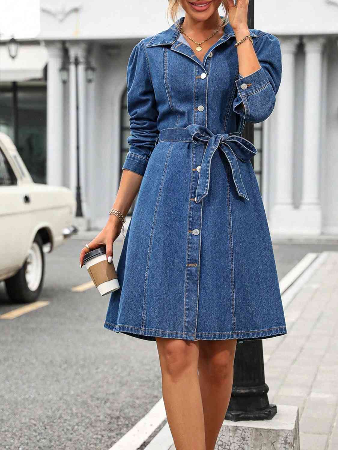 Button Down Long Sleeve Denim Dress - Athleuse