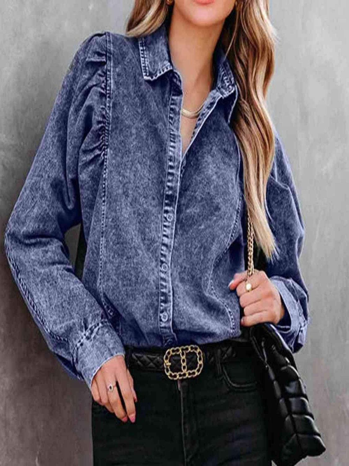 Collared Neck Buttoned Denim Shirt - Athleuse