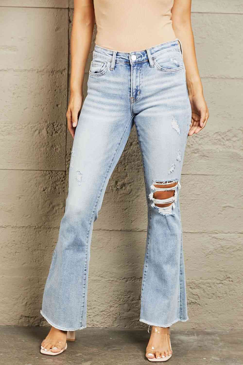 BAYEAS Mid Rise Distressed Flare Jeans - Athleuse