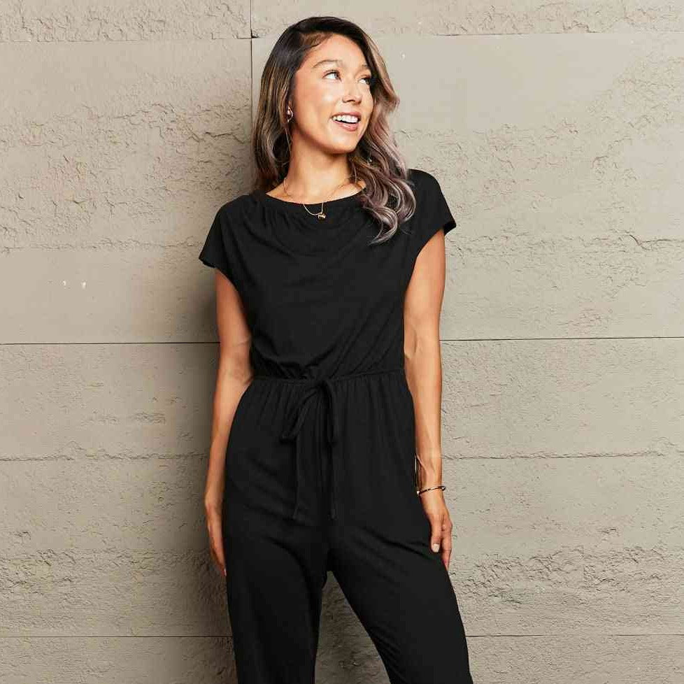 Boat Neck Short Sleeve Jumpsuit with Pockets - Athleuse