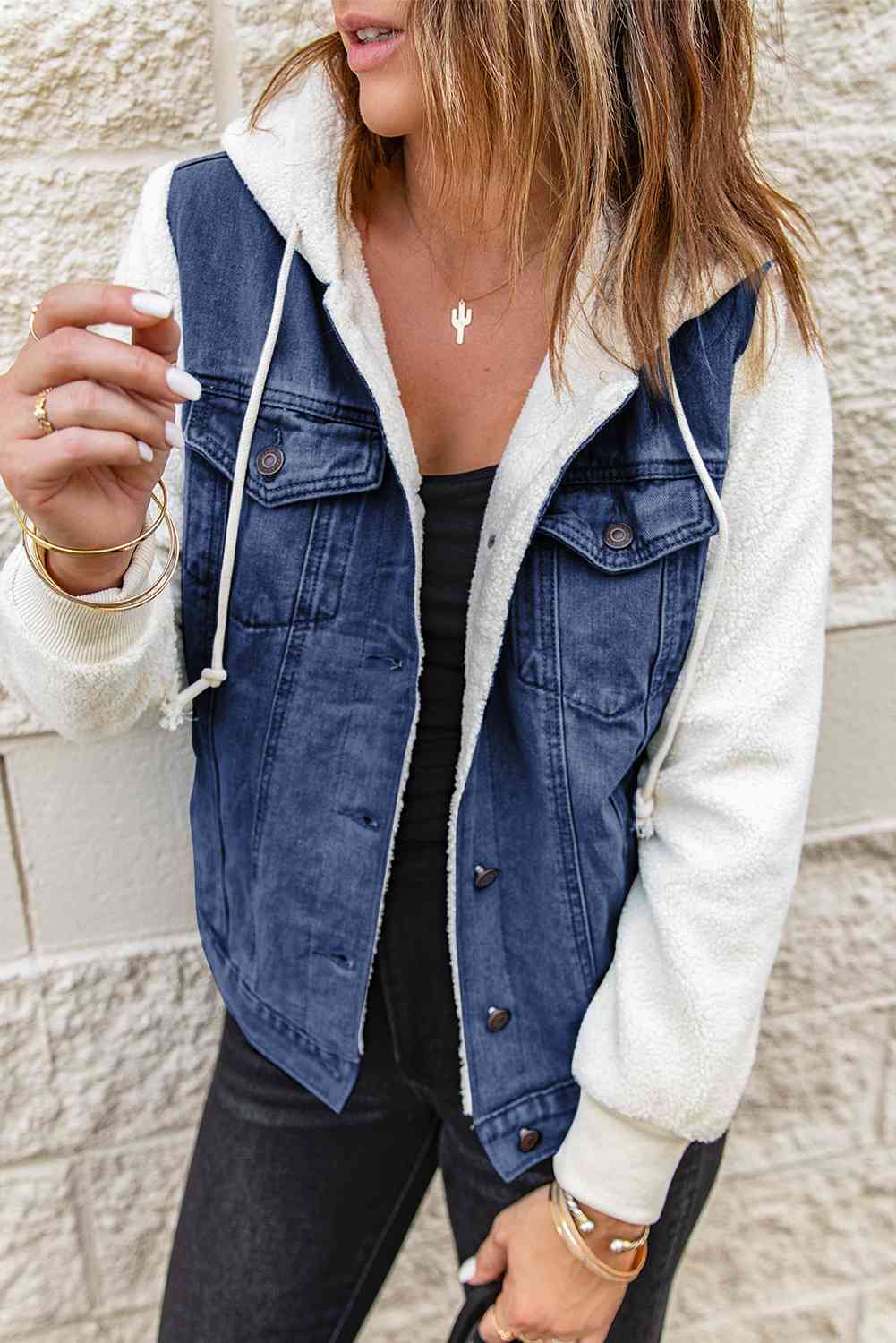 Two-Tone Spliced Denim Sherpa Hooded Jacket - Athleuse