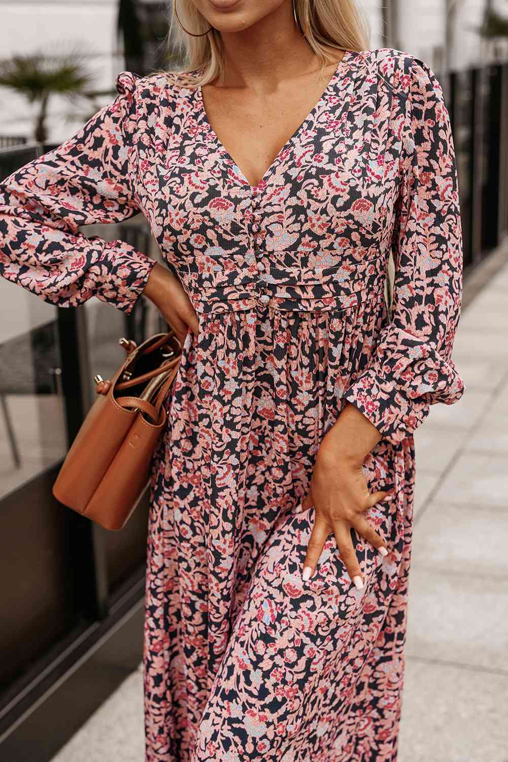 Printed V-Neck Long Sleeve Maxi Dress - Athleuse