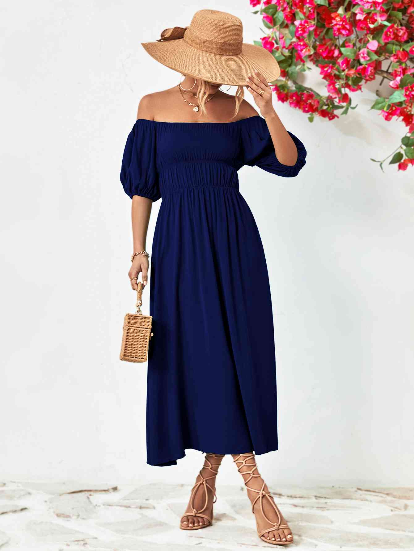 Off-Shoulder Balloon Sleeve Midi Dress - Athleuse