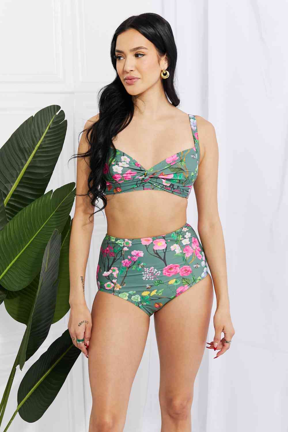 Marina West Swim Take A Dip Twist High-Rise Bikini in Sage - Athleuse