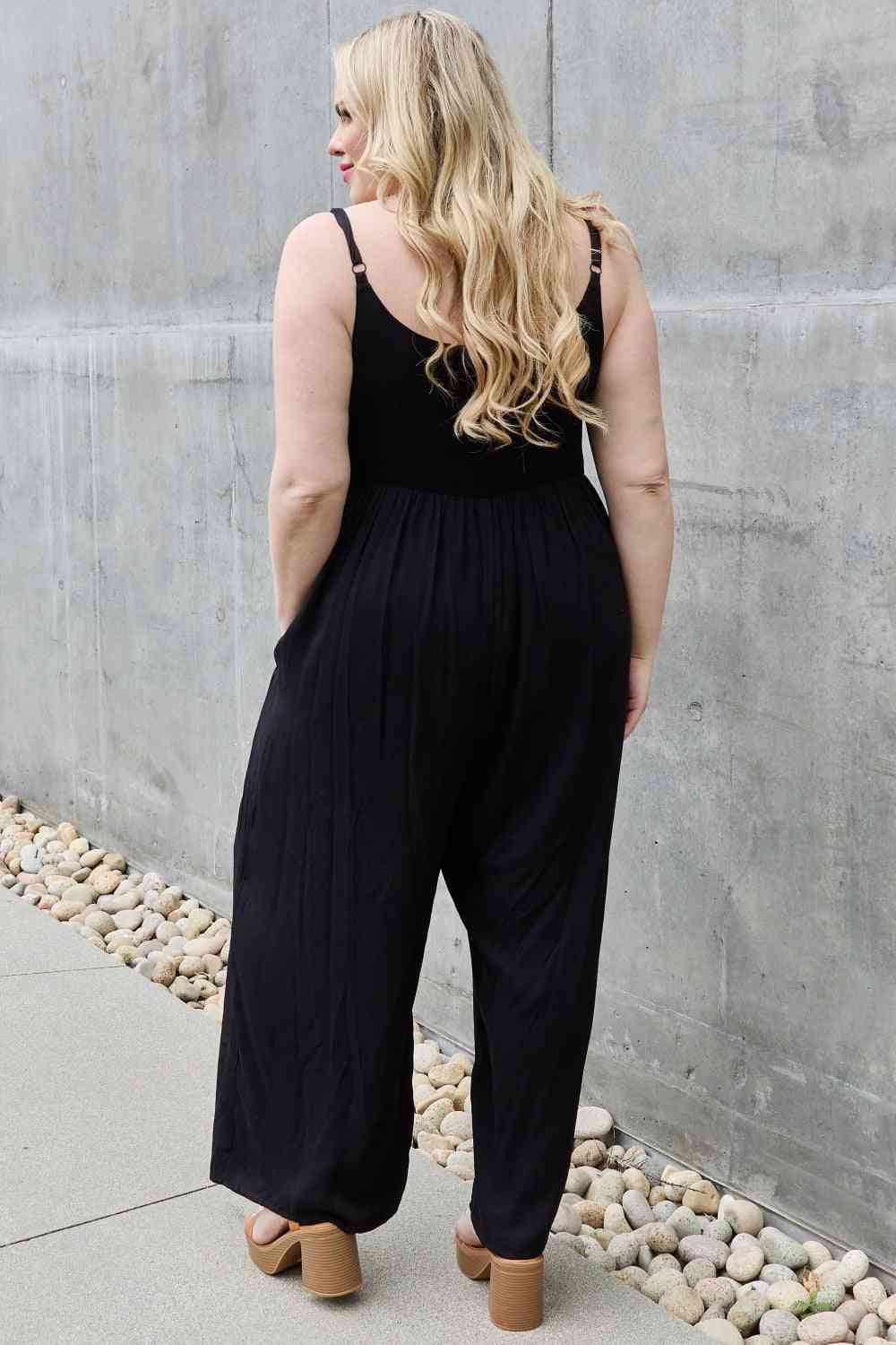 HEYSON All Day Full Size Wide Leg Button Down Jumpsuit in Black - Athleuse