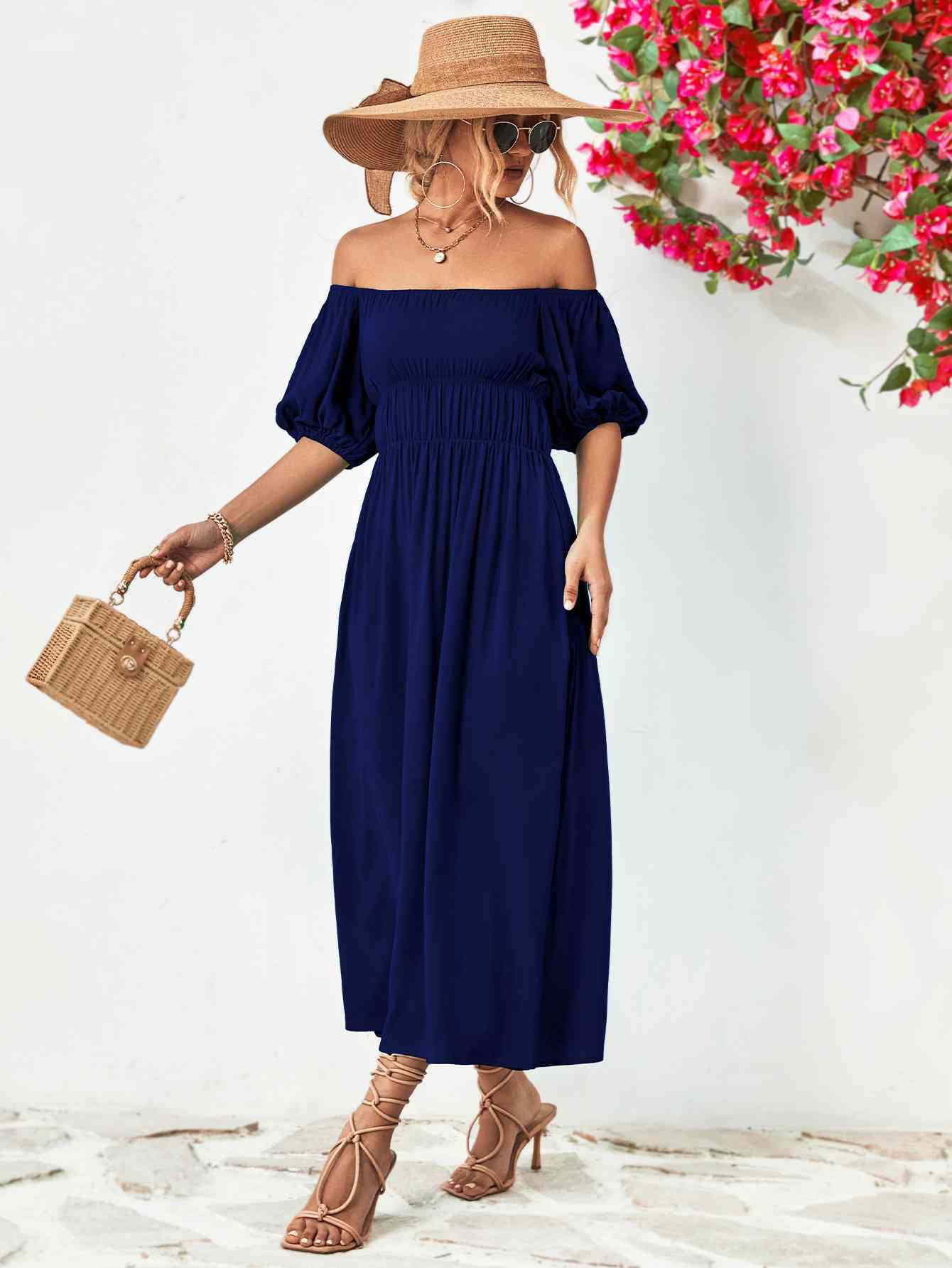 Off-Shoulder Balloon Sleeve Midi Dress - Athleuse