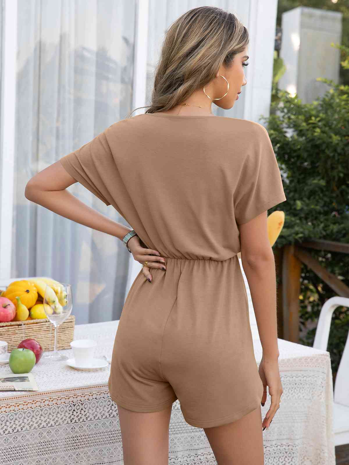 Decorative Button Round Neck Short Sleeve Romper - Athleuse