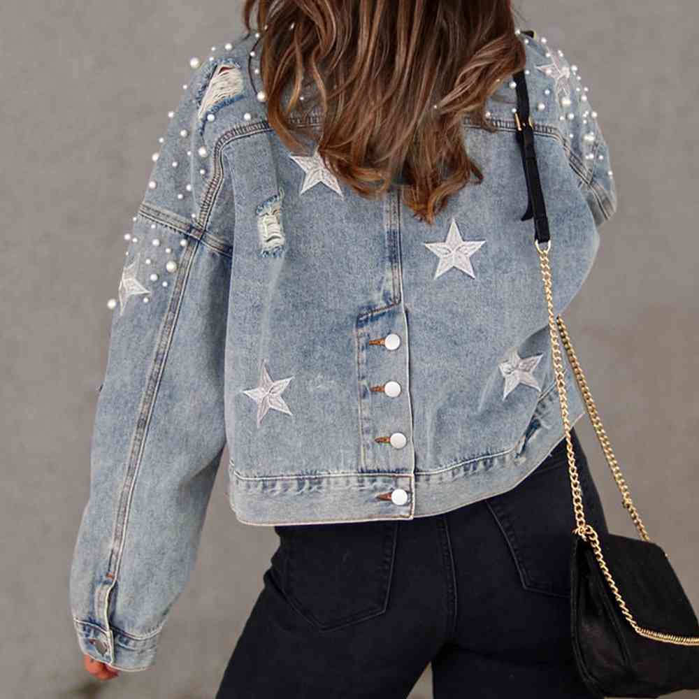 Bead Detail Denim Jacket - Athleuse