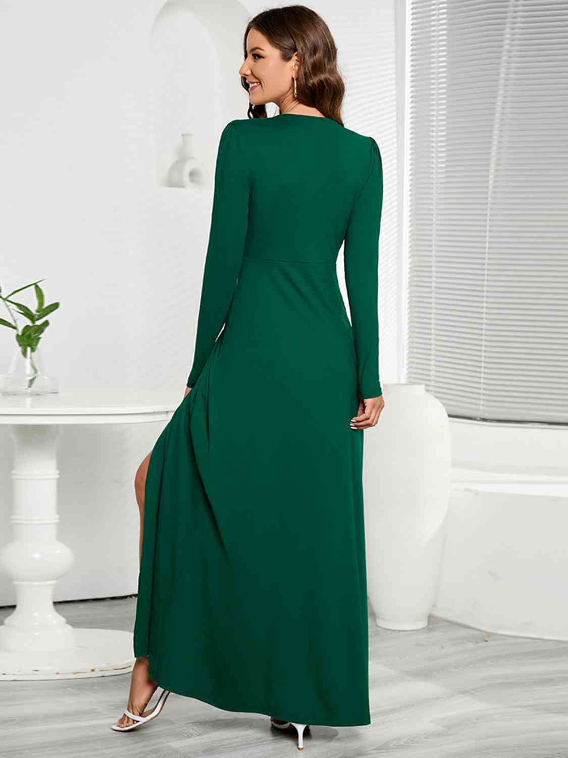 V-Neck Long Sleeve Split Dress - Athleuse