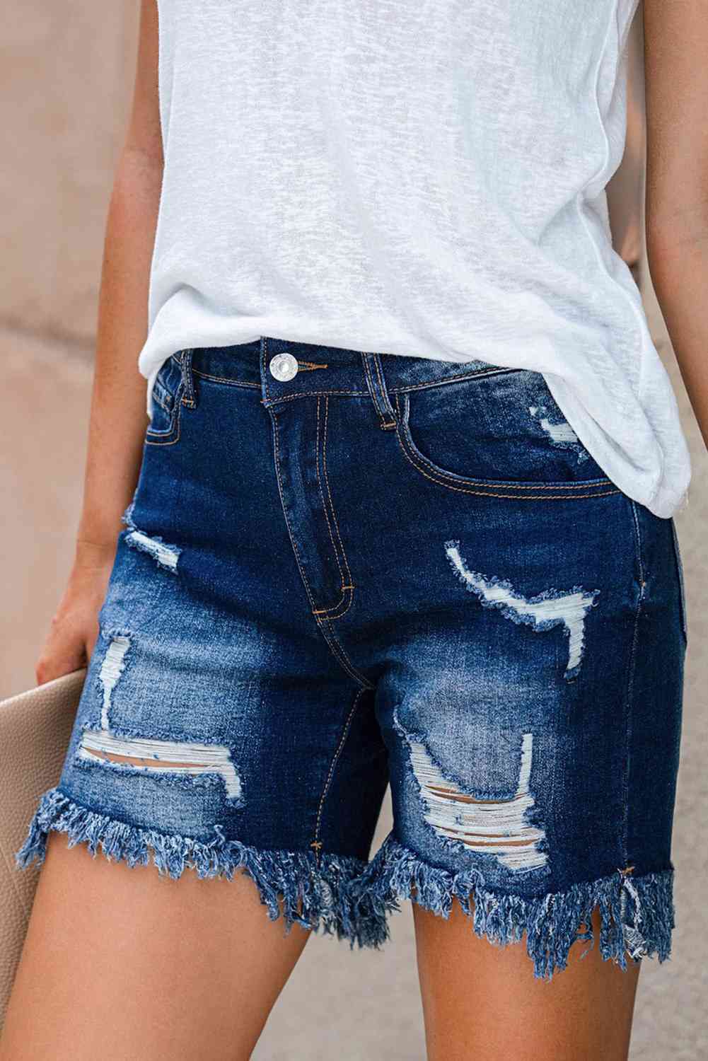 Distressed Frayed Hem Denim Shorts - Athleuse