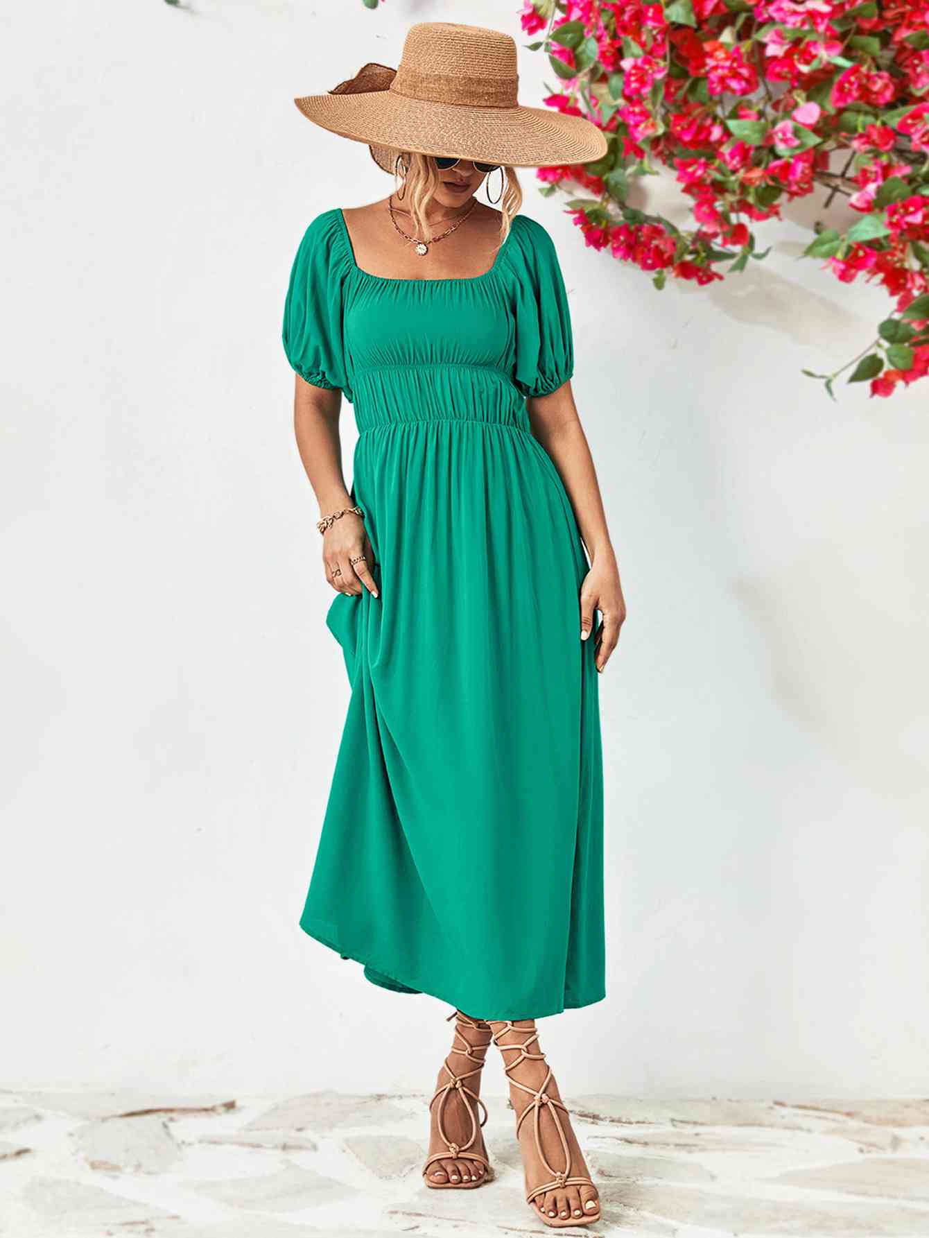 Off-Shoulder Balloon Sleeve Midi Dress - Athleuse