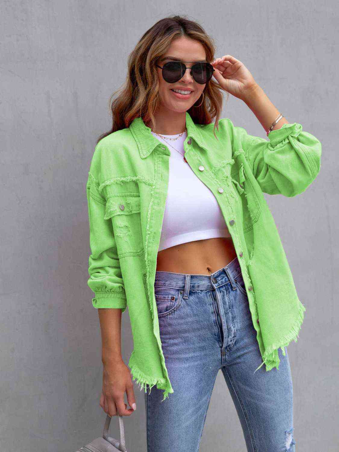 Distressed Drop Shoulder Denim Jacket - Athleuse