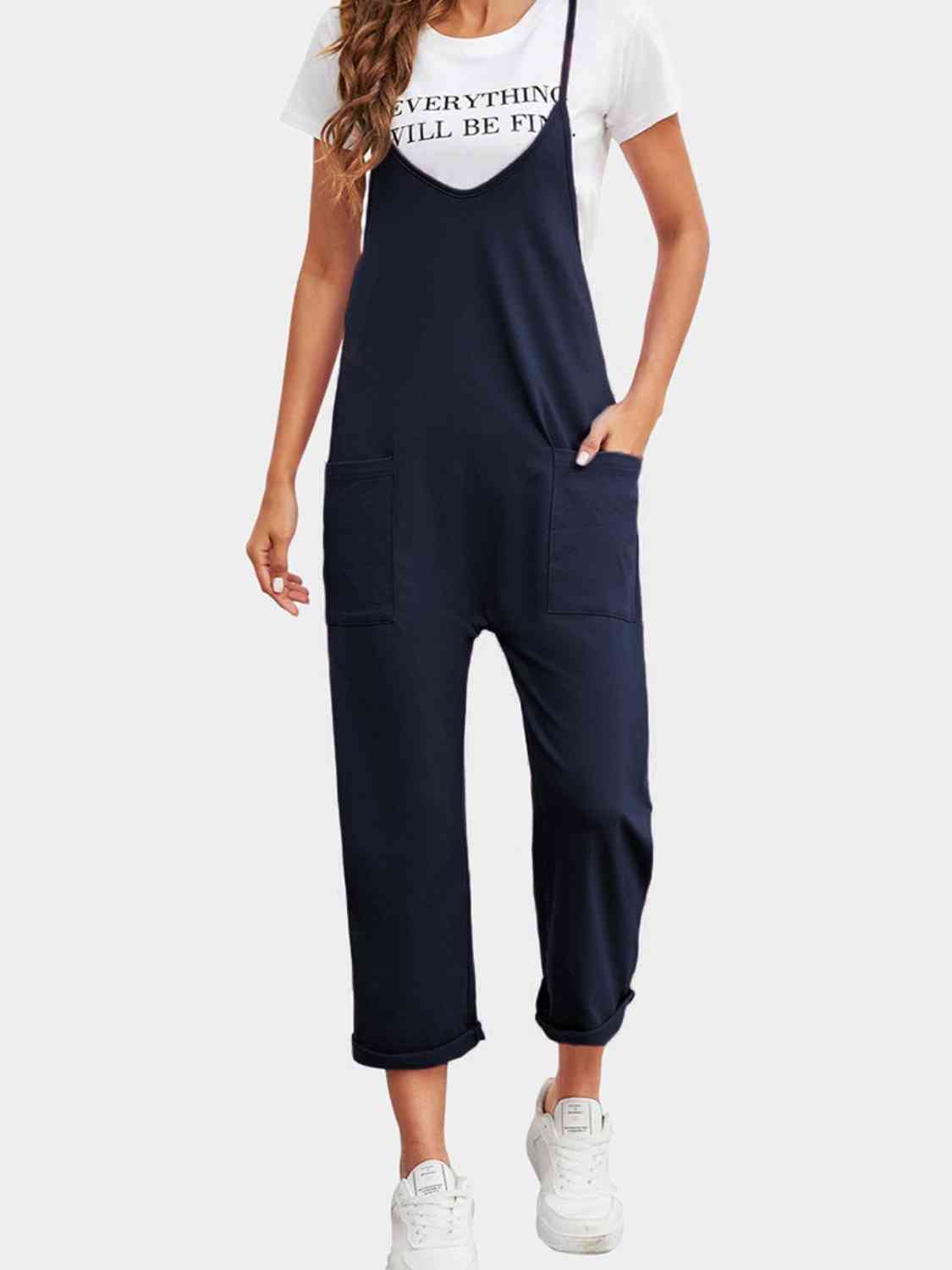 Full Size Spaghetti Strap Straight Leg Jumpsuit with Pockets - Athleuse