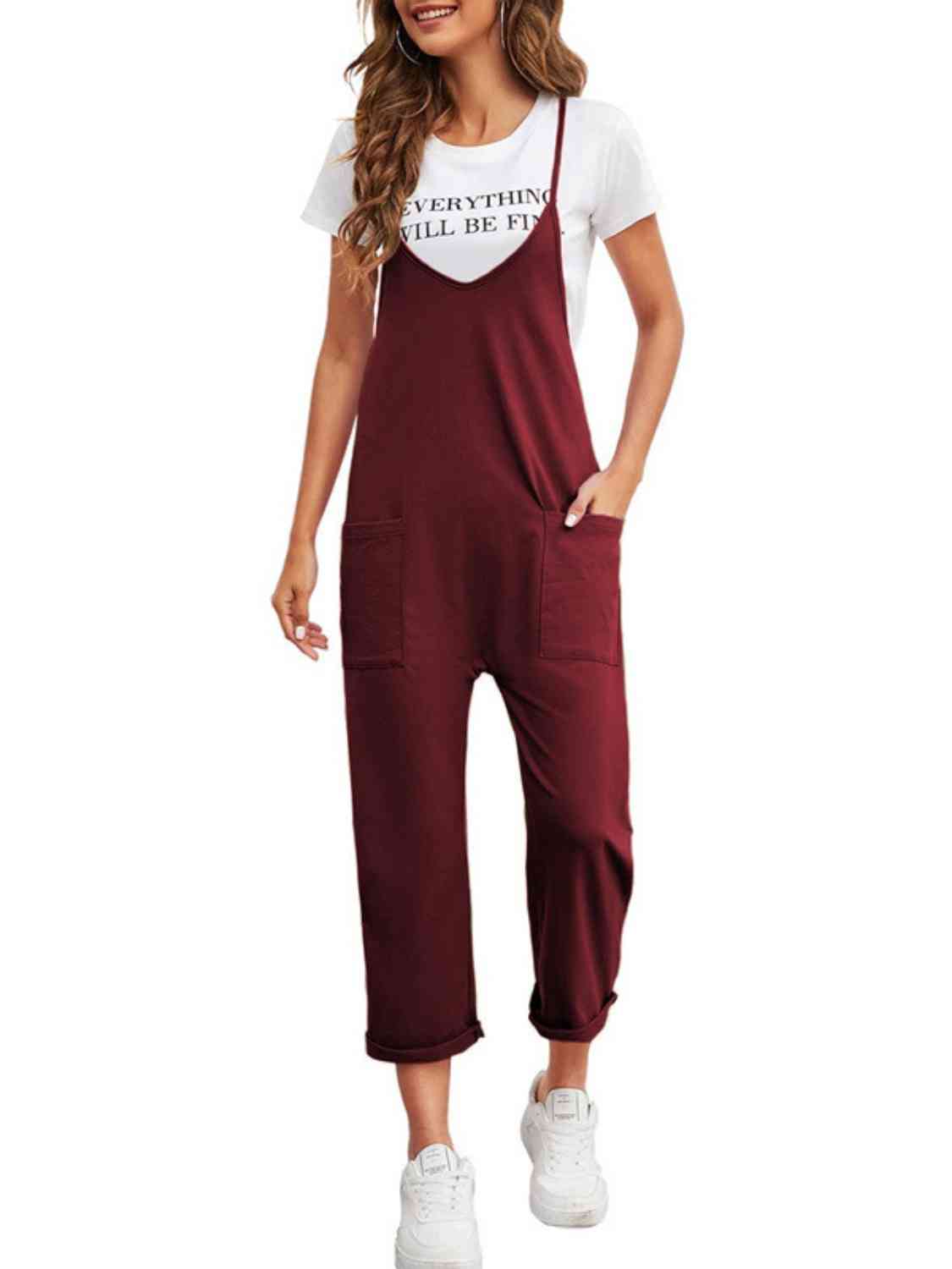 Full Size Spaghetti Strap Straight Leg Jumpsuit with Pockets - Athleuse