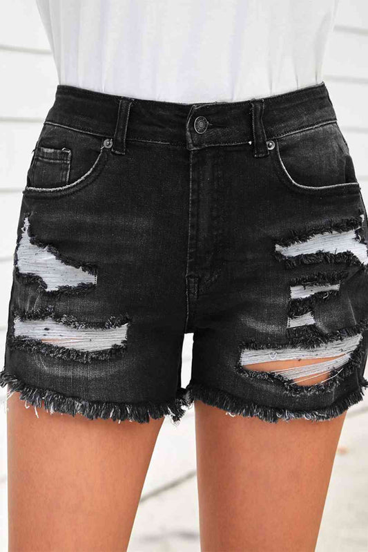 Raw Hem Distressed Denim Shorts with Pockets - Athleuse