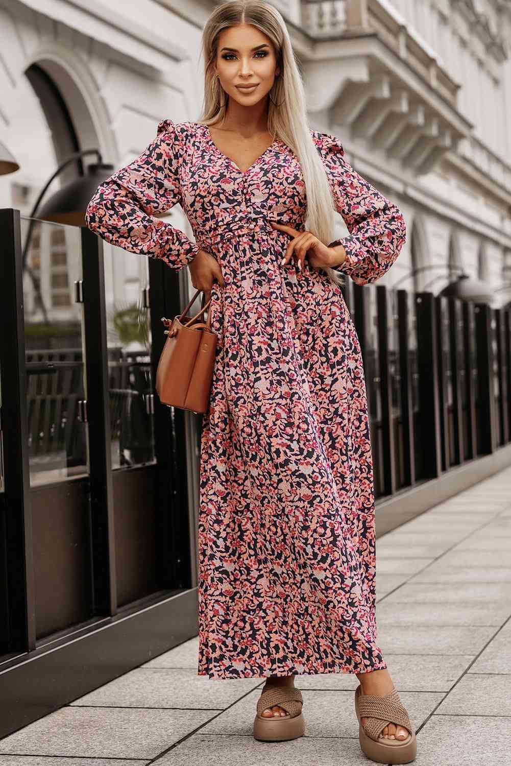 Printed V-Neck Long Sleeve Maxi Dress - Athleuse