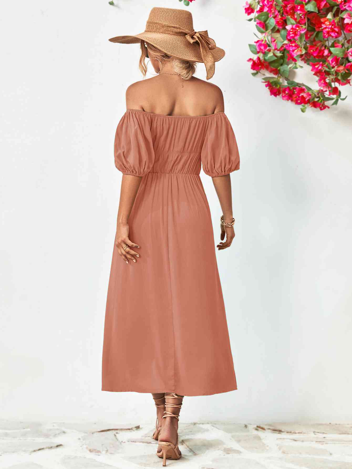 Off-Shoulder Balloon Sleeve Midi Dress - Athleuse