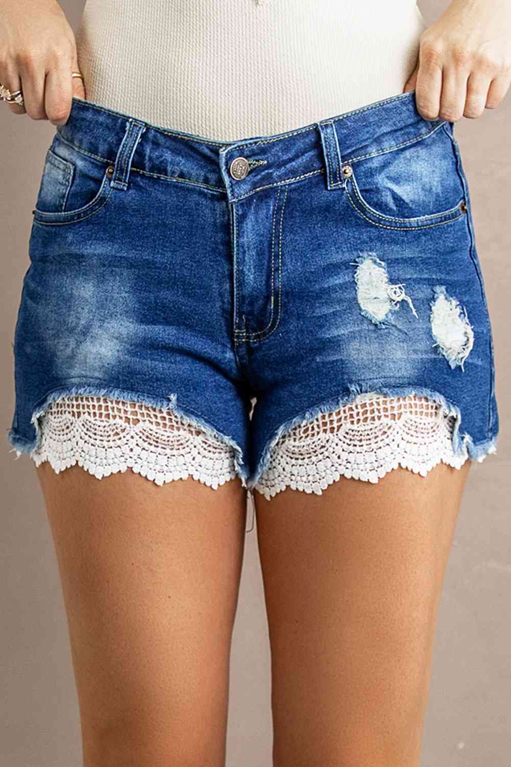 Spliced Lace Distressed Denim Shorts - Athleuse