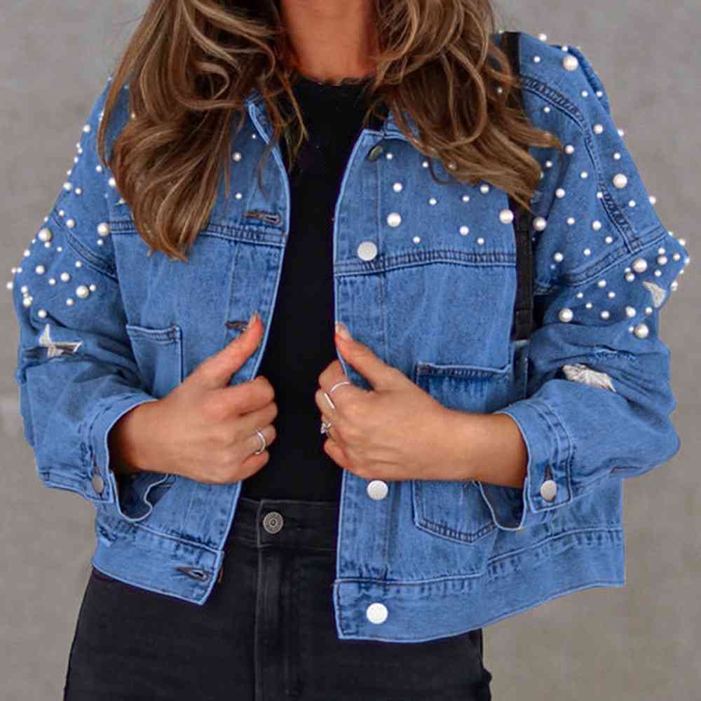 Bead Detail Denim Jacket - Athleuse