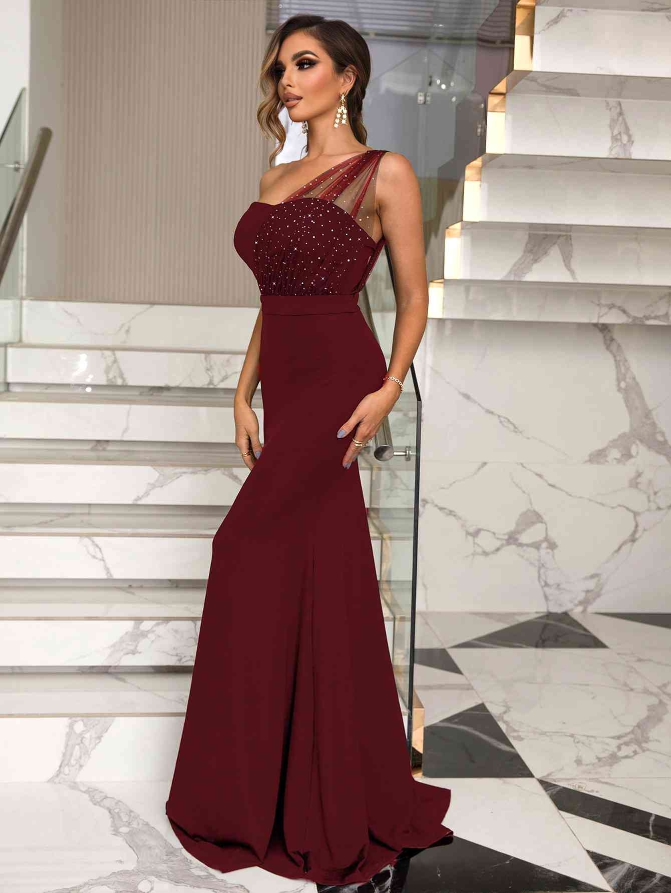 Rhinestone One-Shoulder Formal Dress - Athleuse