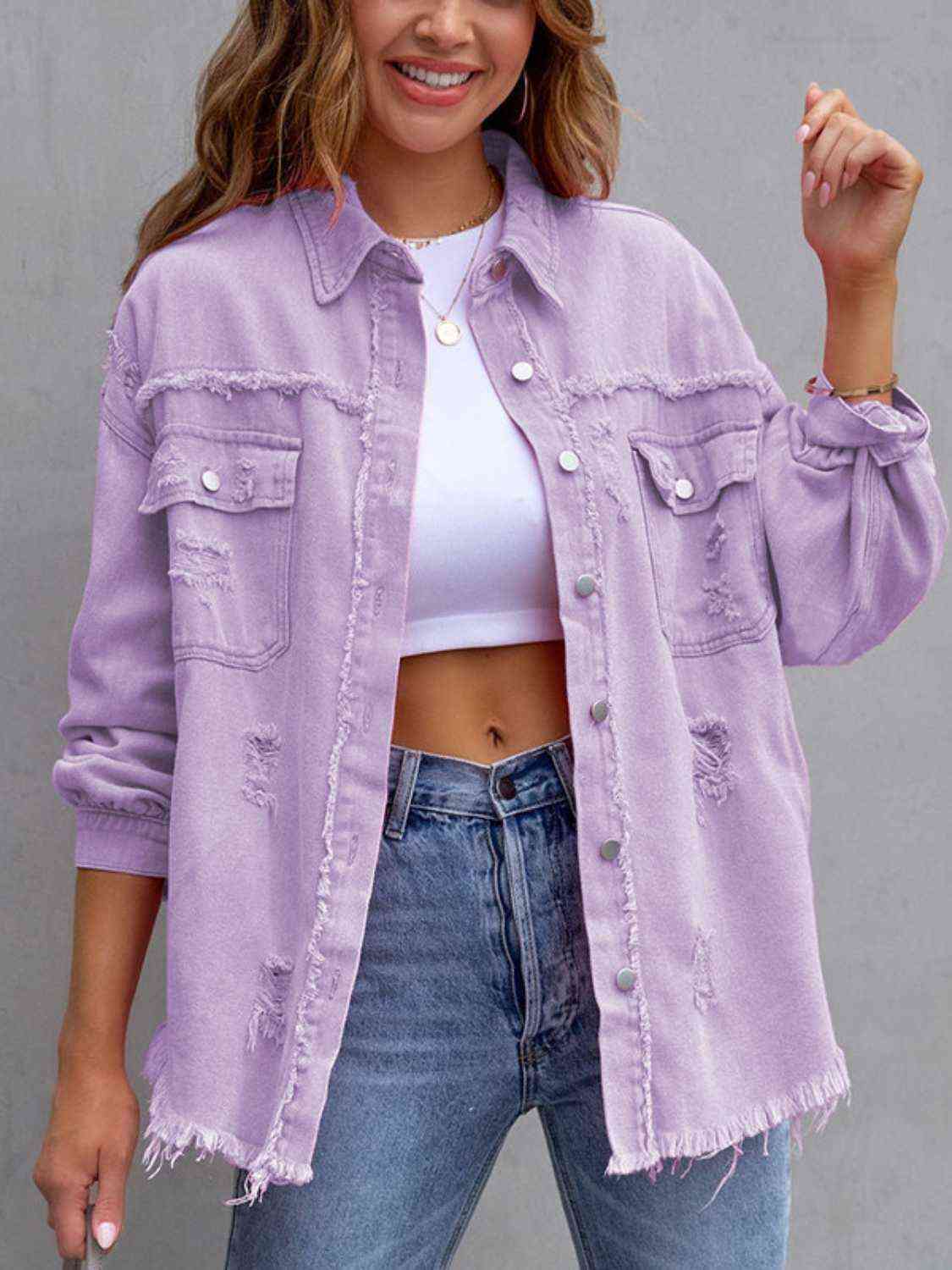 Distressed Drop Shoulder Denim Jacket - Athleuse