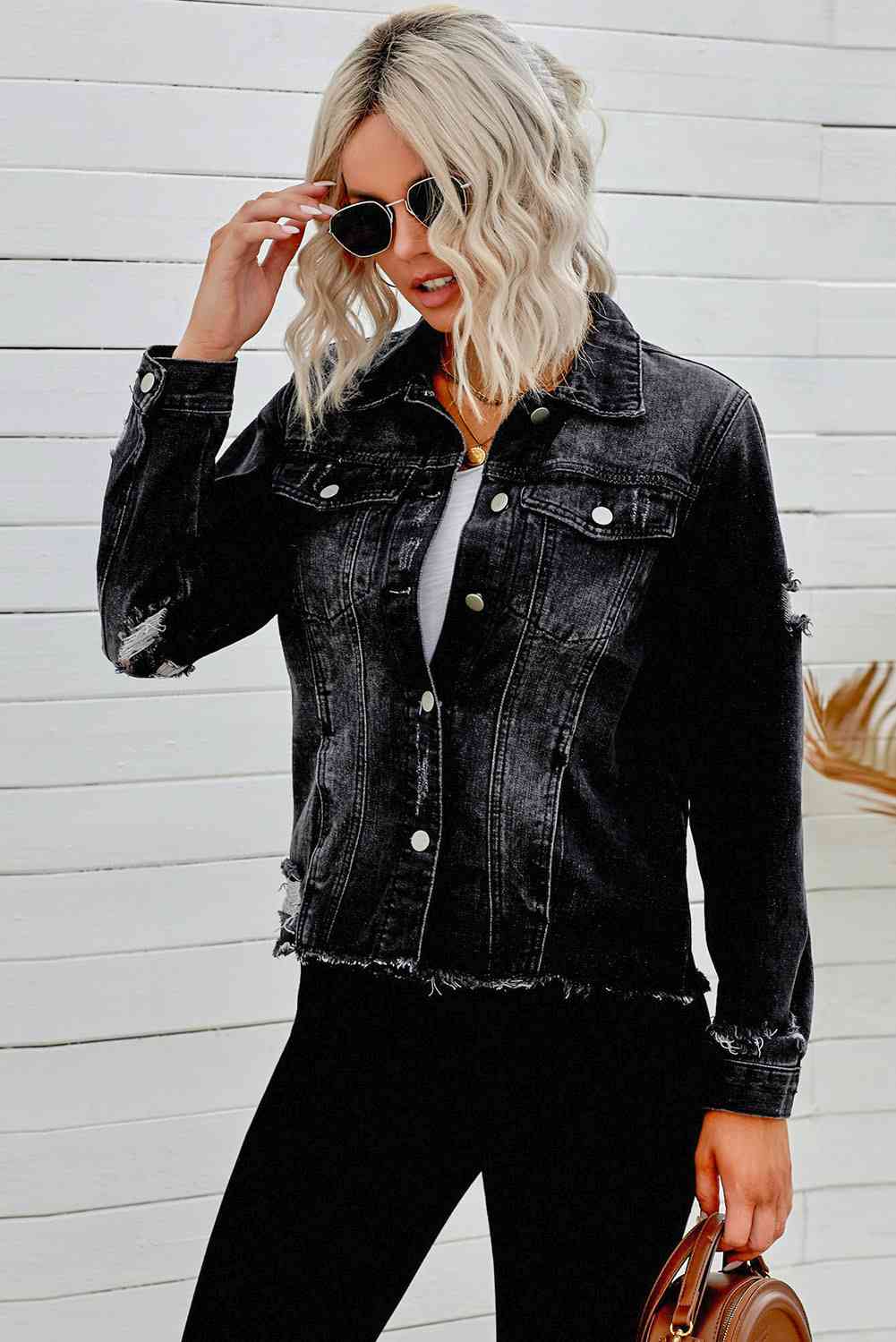 Distressed Raw Hem Denim Jacket - Athleuse