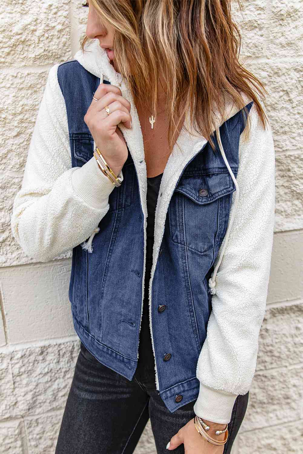 Two-Tone Spliced Denim Sherpa Hooded Jacket - Athleuse