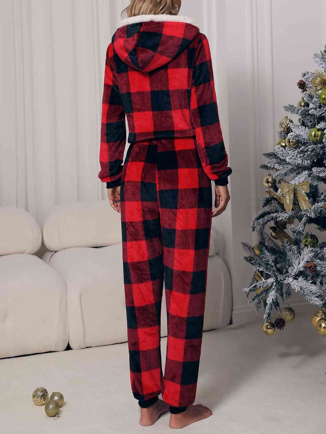 Plaid Zip Front Long Sleeve Hooded Lounge Jumpsuit - Athleuse