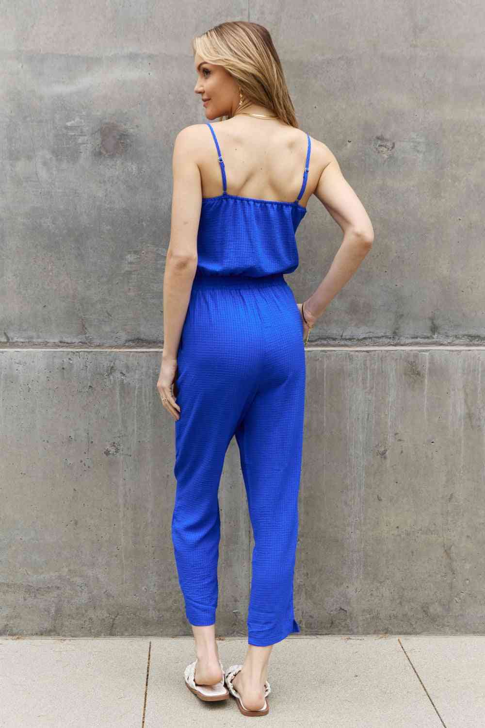 ODDI Full Size Textured Woven Jumpsuit in Royal Blue - Athleuse