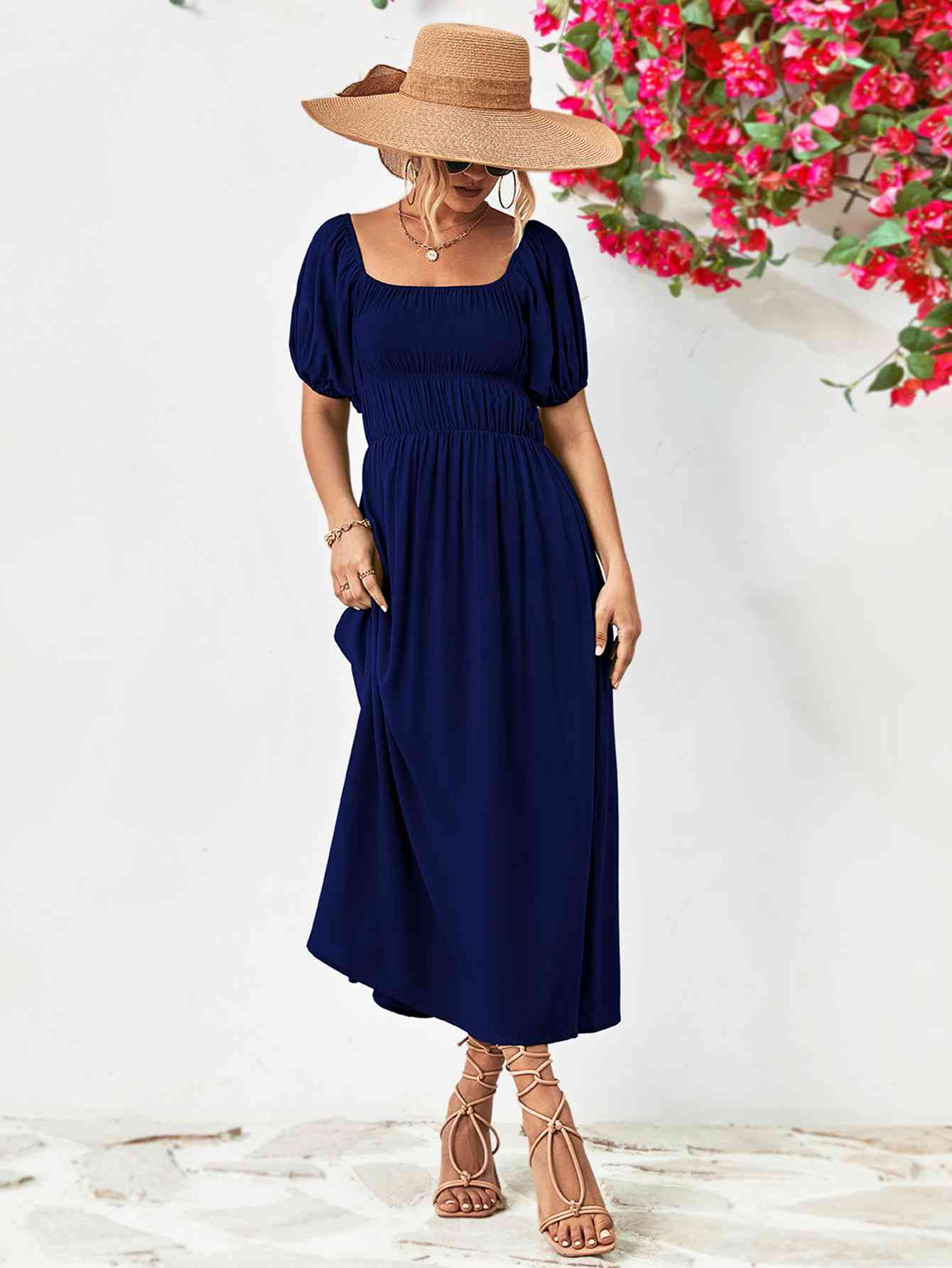 Off-Shoulder Balloon Sleeve Midi Dress - Athleuse