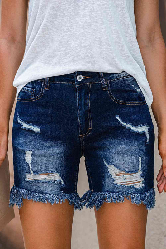 Distressed Frayed Hem Denim Shorts - Athleuse