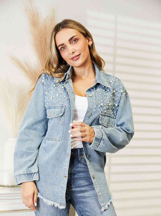 Collared Neck Raw Hem Dropped Shoulder Denim Jacket - Athleuse