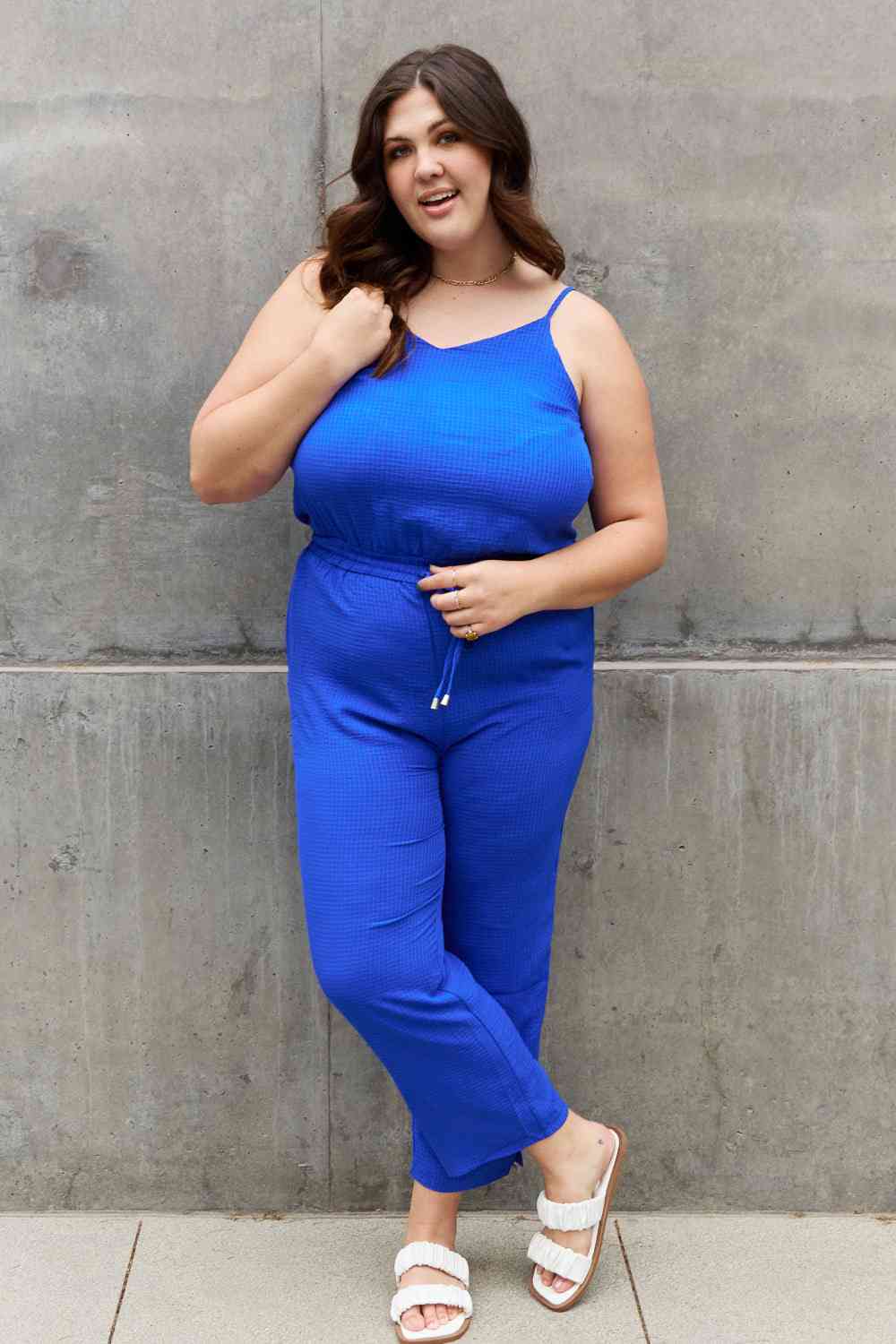 ODDI Full Size Textured Woven Jumpsuit in Royal Blue - Athleuse