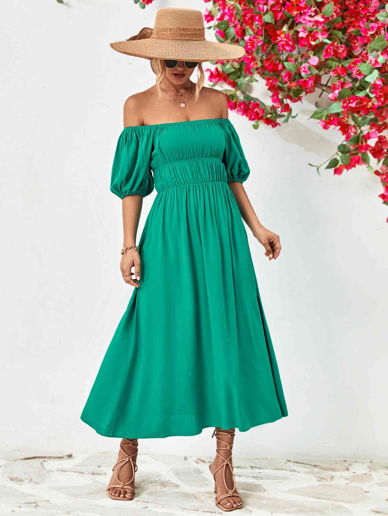 Off-Shoulder Balloon Sleeve Midi Dress - Athleuse