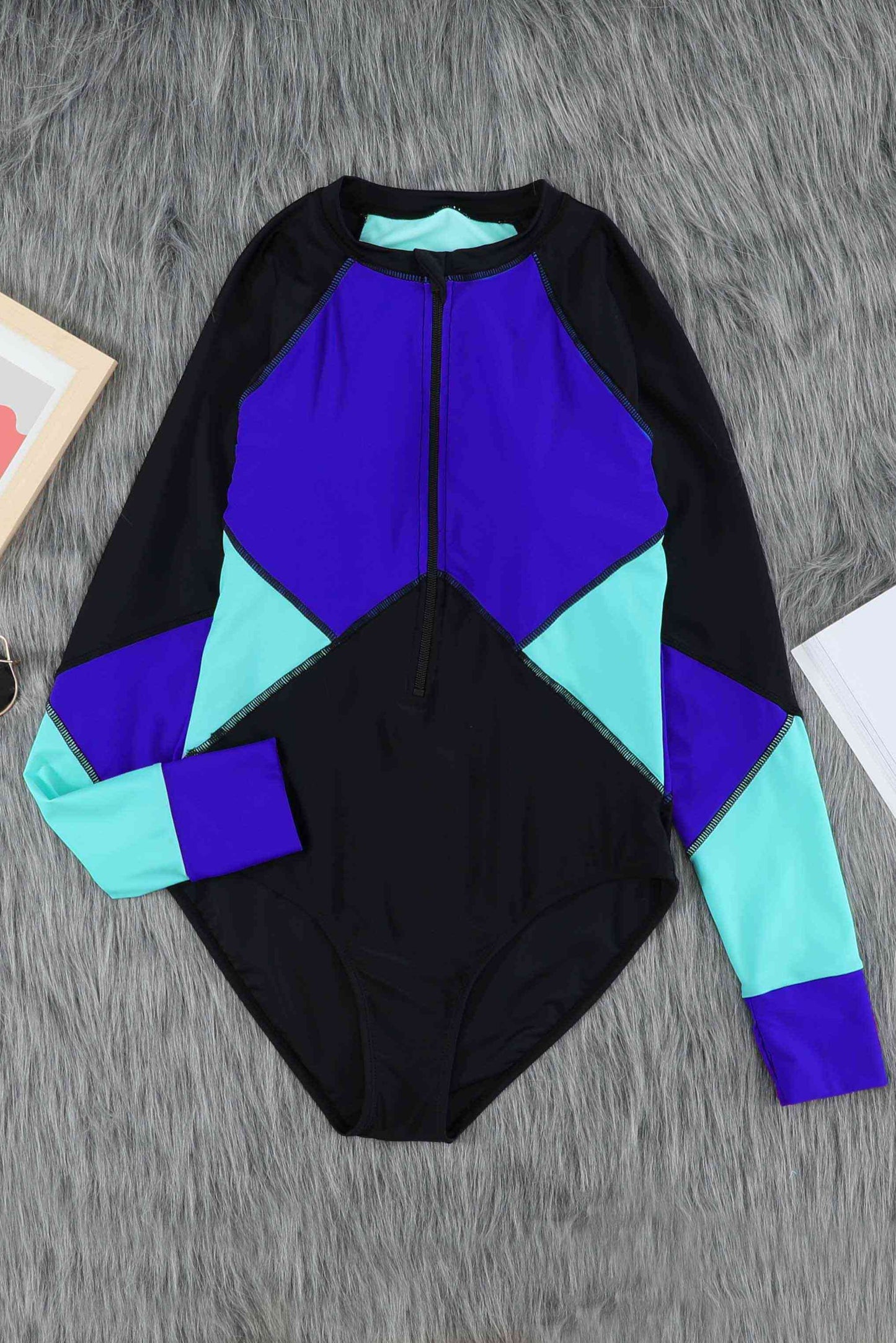 Color Block Half Zip Long Sleeve One-Piece Swimsuit - Athleuse