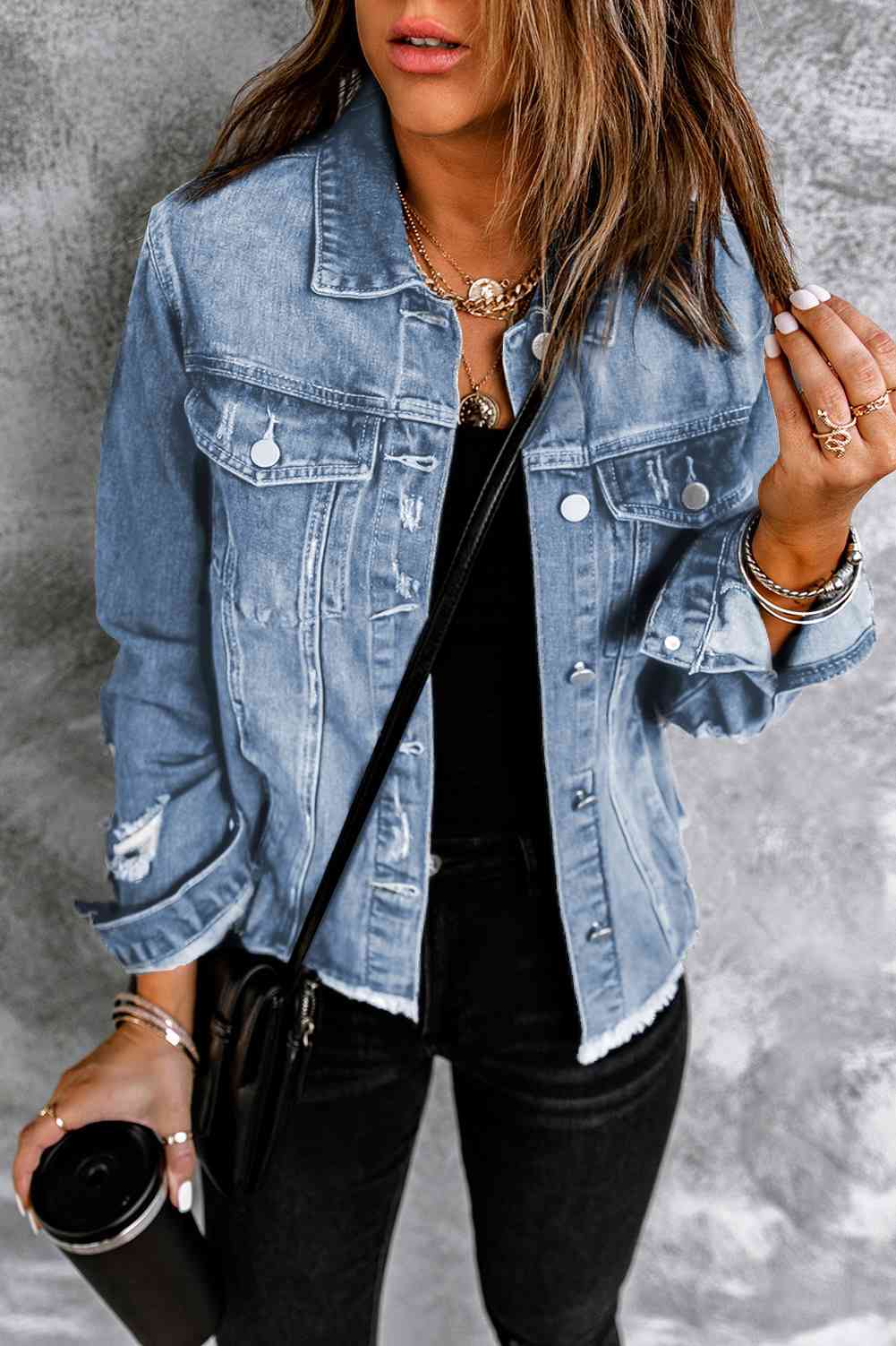 Distressed Raw Hem Denim Jacket - Athleuse