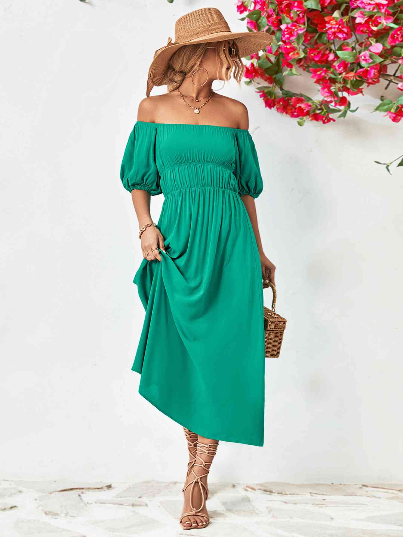 Off-Shoulder Balloon Sleeve Midi Dress - Athleuse