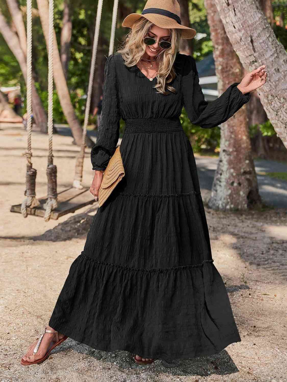 Smocked Waist V-Neck Maxi Dress - Athleuse