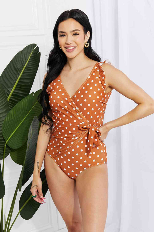 Marina West Swim Full Size Float On Ruffle Faux Wrap One-Piece in Terracotta - Athleuse