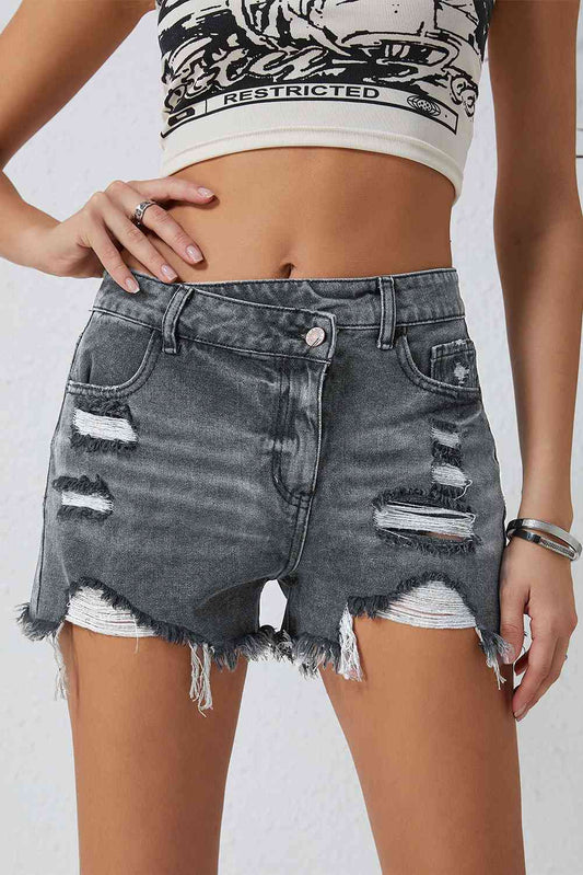 Asymmetrical Distressed Denim Shorts - Athleuse